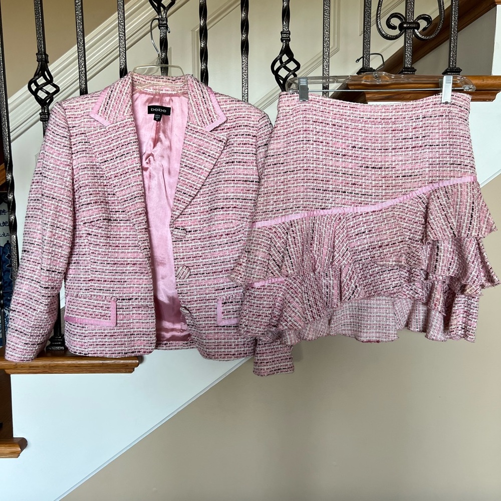 Bebe Pink Tweed Blazer size 10 and Ruffle Skirt size 6 Set